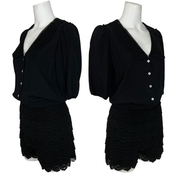 Maje Playsuit Romper 38 US/M Noir Black Lace Tiered Low Cut Back Short Sleeve - Picture 2 of 12